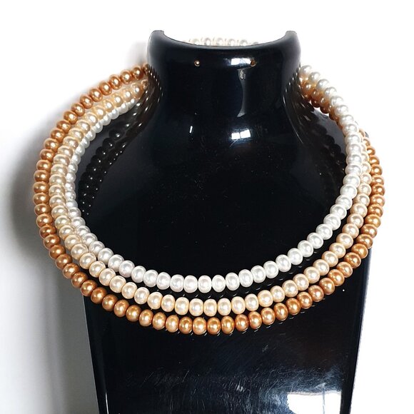 3 Strand Freshwater Pearl Choker Necklace Set White Ivory Pink 6mm Pearls - Picture 1 of 11